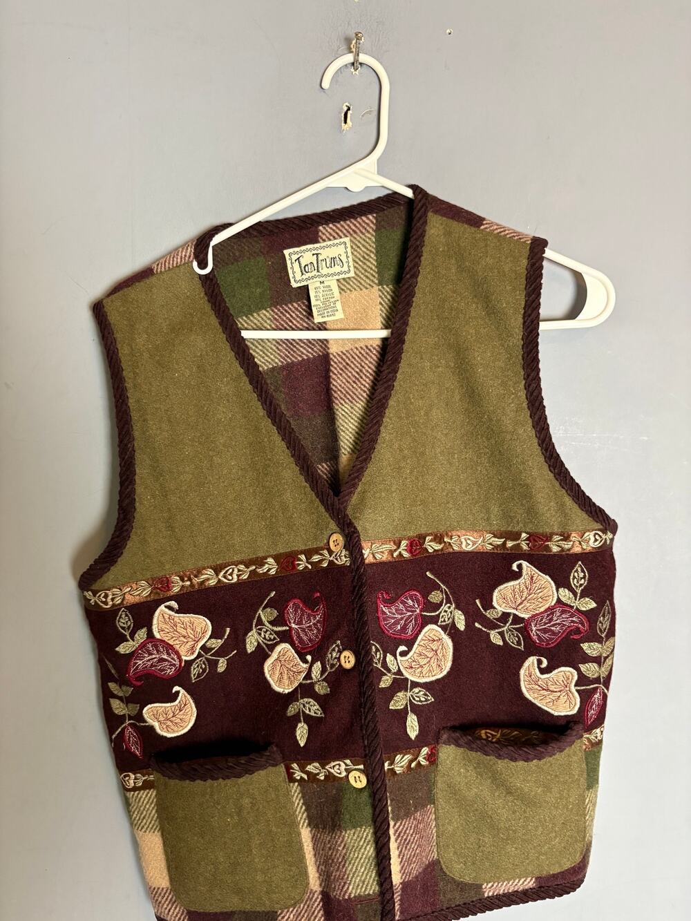Tantrums Olive Brown Patchwork Embroidered Vest Womens Size M Read